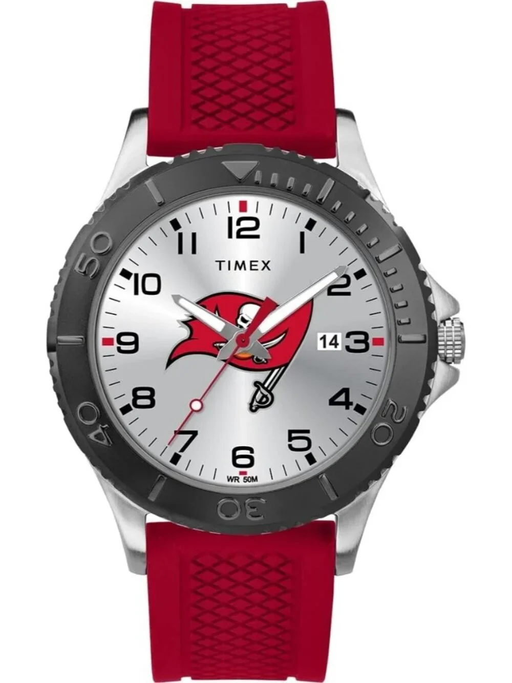 Mens Silver Red Rubber Band Analog NFL Gamer Tampa Bay Buccaneers Luminant Watch